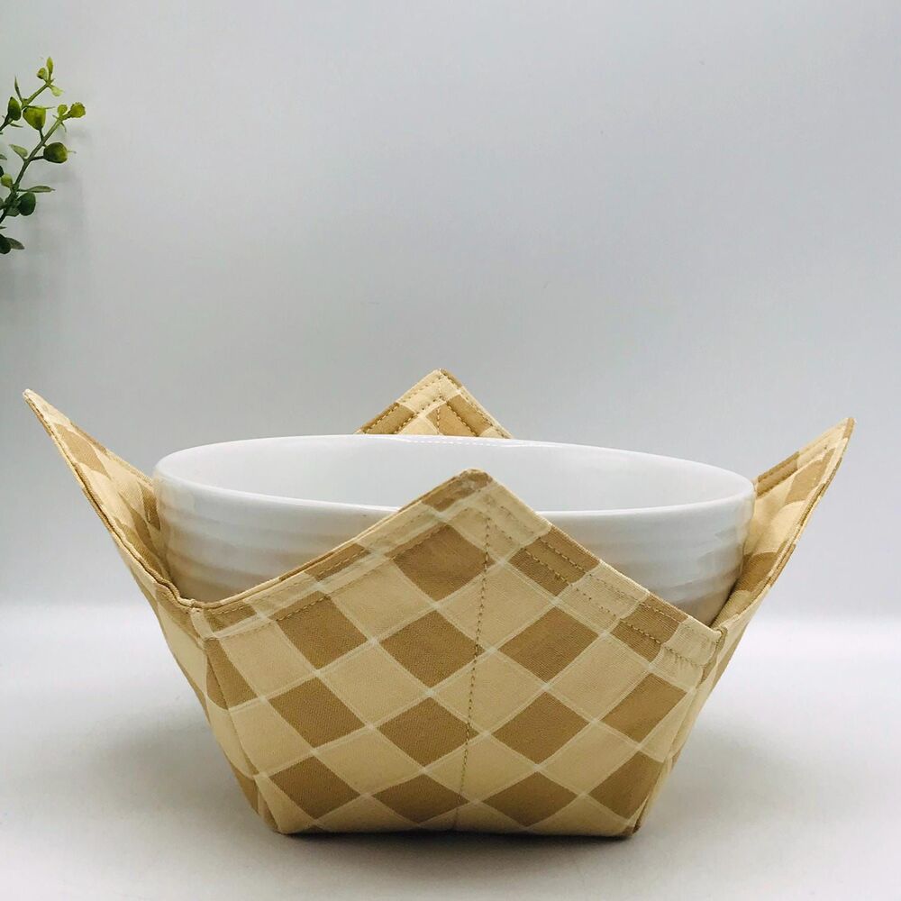 Microwave Soup Bowl Cozy, Checker Print Neutral Tans Beige Reversible Bowl Cozy
